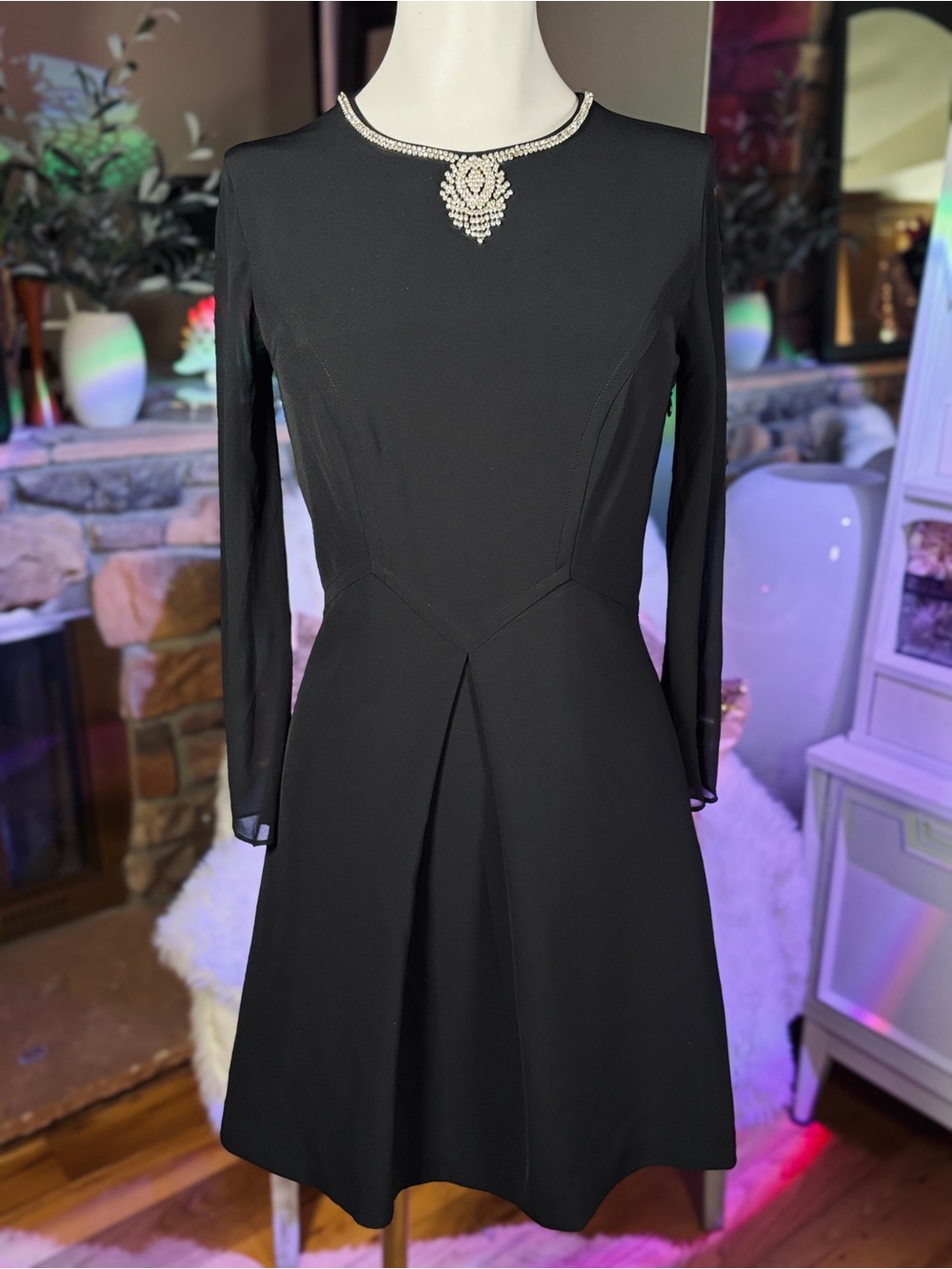 Ted Baker Black Sheer Sleeves Pleated Necklace Dress, Sz 2